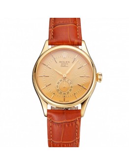 Rolex Cellini Gold Dial Gold Case Light Brown Leather Strap