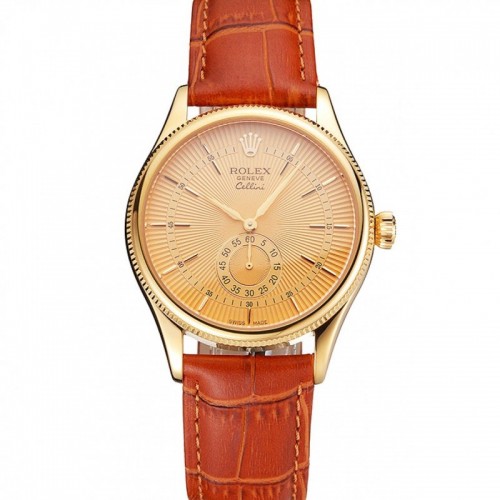 Rolex Cellini Gold Dial Gold Case Light Brown Leather Strap