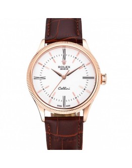 Rolex Cellini Time Gold Case White Dial Brown Leather Bracelet 622655