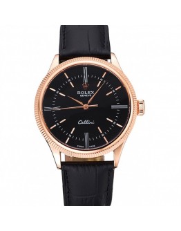 Rolex Cellini Time Rose Gold Case Black Dial Black Leather Bracelet 622656