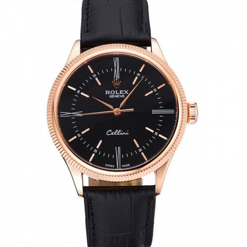 Rolex Cellini Time Rose Gold Case Black Dial Black Leather Bracelet 622656