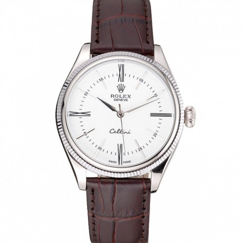Rolex Cellini White Dial Stainless Steel Case Brown Leather Strap 622839