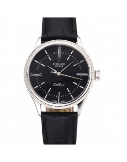 Rolex Cellini Time Silver Case Black Dial Black Leather Bracelet 622654