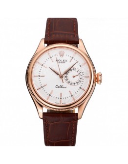 Rolex Cellini White Rose Dial Gold Case Brown Leather Bracelet 622725