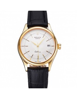Rolex Cellini Date White Dial Gold Case Black Leather Strap