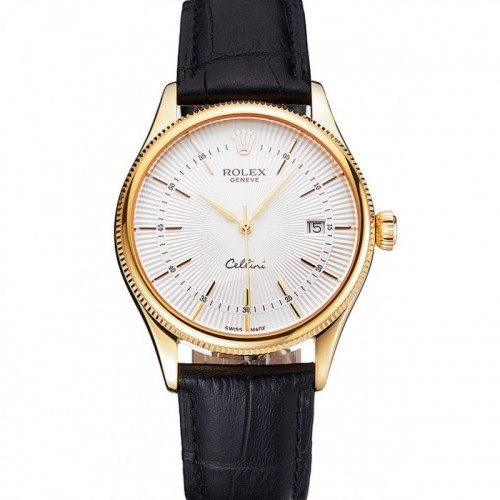 Rolex Cellini Date White Dial Gold Case Black Leather Strap