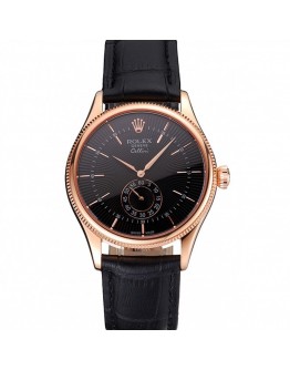 Rolex Cellini Black Dial Rose Gold Case Black Leather Strap