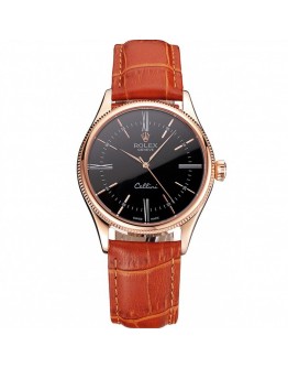 Rolex Cellini Black Dial Roman Numerals Rose Gold Case Light Brown Leather Strap