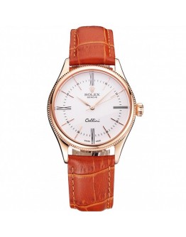 Rolex Cellini White Dial Roman Numerals Rose Gold Case Light Brown Leather Strap