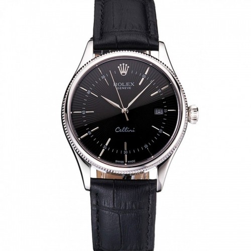 Rolex Cellini Date Black Dial Stainless Steel Case Black Leather Strap