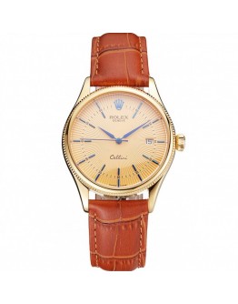 Rolex Cellini Date Gold Guilloche Dial Gold Case Light Brown Leather Strap