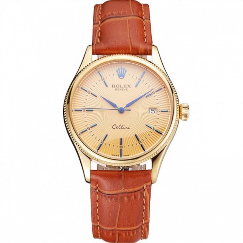 Rolex Cellini Date Gold Guilloche Dial Gold Case Light Brown Leather Strap