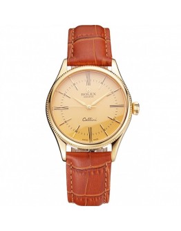Rolex Cellini Gold Dial Roman Numerals Gold Case Light Brown Leather Strap