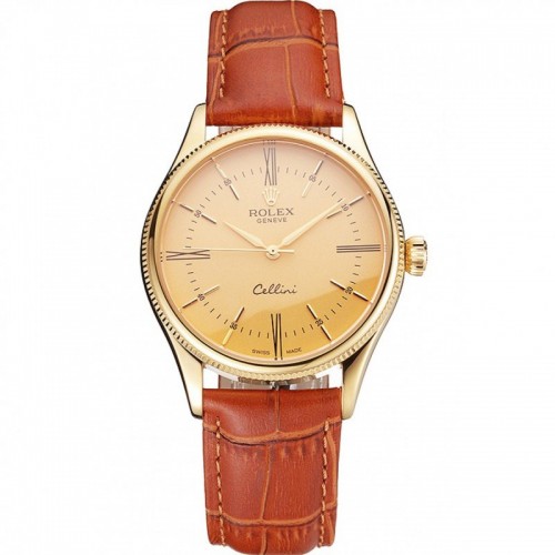 Rolex Cellini Gold Dial Roman Numerals Gold Case Light Brown Leather Strap Rolex Cellini Gold Dial Roman Numerals Gold Case Light Brown Leather Strap