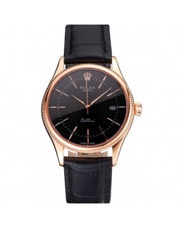 Rolex Cellini Date Black Dial Rose Gold Markings Rose Gold Case Black Leather Strap