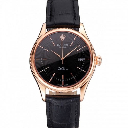 Rolex Cellini Date Black Dial Rose Gold Markings Rose Gold Case Black Leather Strap