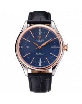 Rolex Cellini Blue Dial Gold Bezel Stainless Steel Case Black Leather Strap 622841