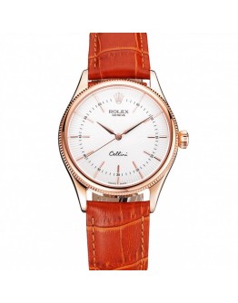 Rolex Cellini White Dial Rose Gold Case Brown Leather Strap