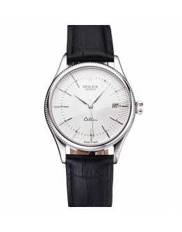Rolex Cellini Date White Dial Stainless Steel Case Black Leather Strap