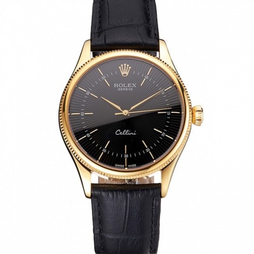 Rolex Cellini Black Dial Gold Markings Gold Case Black Leather Strap
