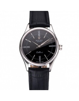 Rolex Cellini Black Dial Roman Numerals Stainless Steel Case Black Leather Strap