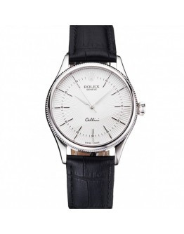 Rolex Cellini White Guilloche Dial Stainless Steel Case Black Leather Strap