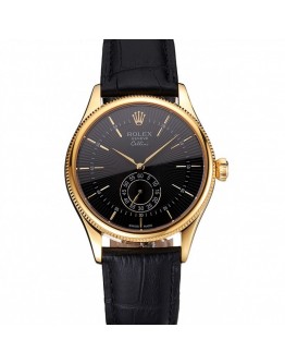 Rolex Cellini Black Dial Gold Case Black Leather Strap