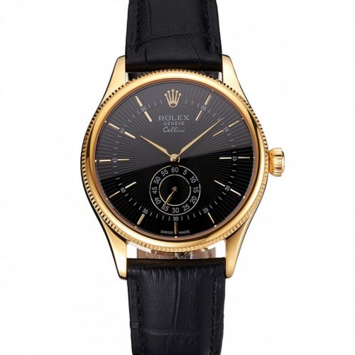 Rolex Cellini Black Dial Gold Case Black Leather Strap
