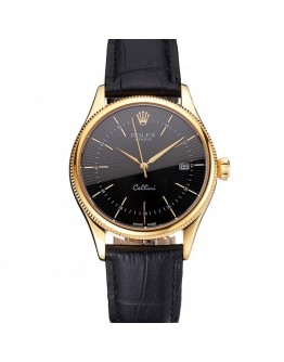 Rolex Cellini Date Black Dial Gold Case Black Leather Strap