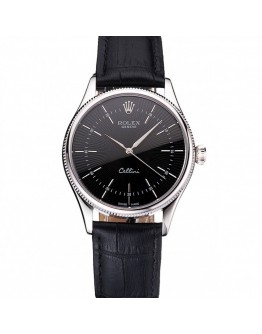 Rolex Cellini Black Dial Steel Case Black Leather Strap