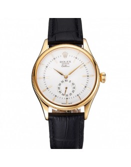 Rolex Cellini White Dial Gold Case Black Leather Strap