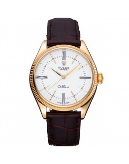 Rolex Cellini White Dial Gold Case Brown Leather Strap 622833