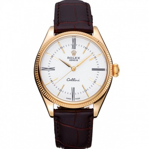 Rolex Cellini White Dial Gold Case Brown Leather Strap 622833