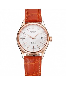 Rolex Cellini Date White Dial Rose Gold Case Brown Leather Strap