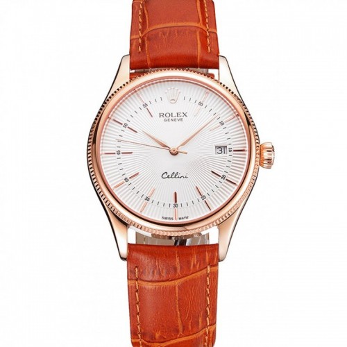 Rolex Cellini Date White Dial Rose Gold Case Brown Leather Strap