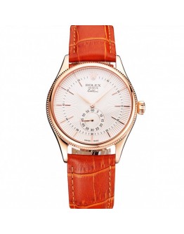 Rolex Cellini White Dial Rose Gold Case Light Brown Leather Strap