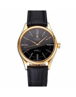 Rolex Cellini Black Dial Roman Numerals Gold Case Black Leather Strap