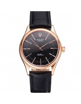 Rolex Cellini Black Dial Rose Gold Markings Rose Gold Case Black Leather Strap