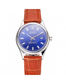 Rolex Datejust Blue Dial Stainless Steel Case Light Brown Leather Strap