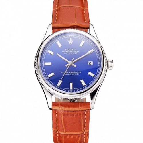 Rolex Datejust Blue Dial Stainless Steel Case Light Brown Leather Strap