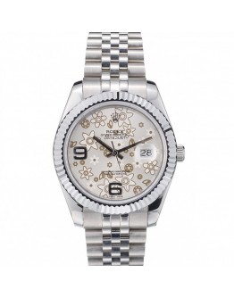 Rolex DateJust Stainless Steel Ribbed Bezel Flower Silver Dial 42001
