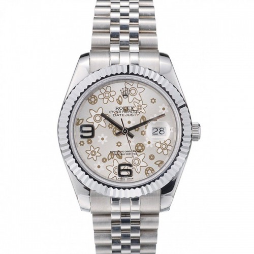 Rolex DateJust Stainless Steel Ribbed Bezel Flower Silver Dial 42001