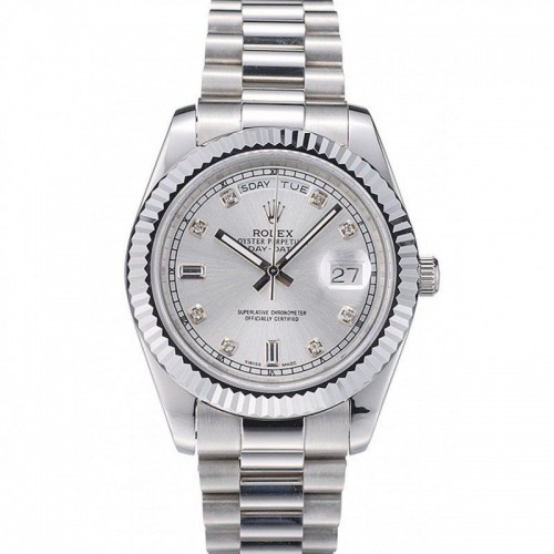 Rolex DayDate Stainless Steel Ribbed Bezel Silver Dial 41995