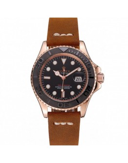 Rolex Yacht-Master Black Dial Rose Gold Case Brown Leather Bracelet 1453861