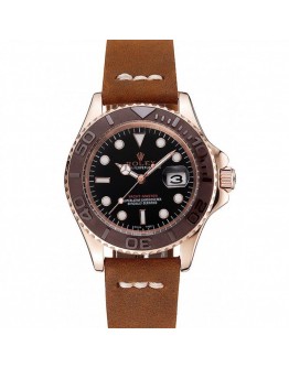 Rolex Yacht-Master Black Dial Brown Bezel Rose Gold Case Brown Leather Bracelet 1453860
