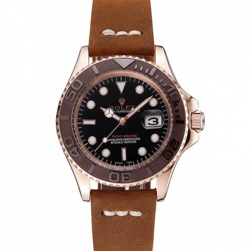 Rolex Yacht-Master Black Dial Brown Bezel Rose Gold Case Brown Leather Bracelet 1453860 Rolex Yacht-Master Black Dial Brown Bezel Rose Gold Case Brown Leather Bracelet 1453860
