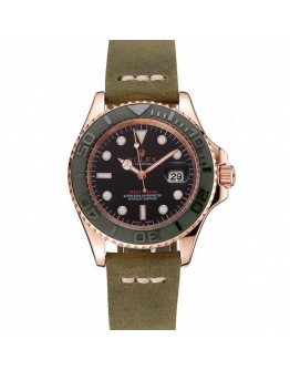 Rolex Yacht-Master Black Dial Green Bezel Rose Gold Case Green Leather Bracelet 1453862