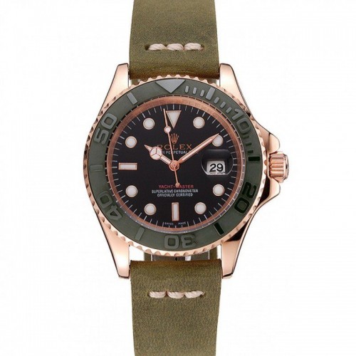 Rolex Yacht-Master Black Dial Green Bezel Rose Gold Case Green Leather Bracelet 1453862