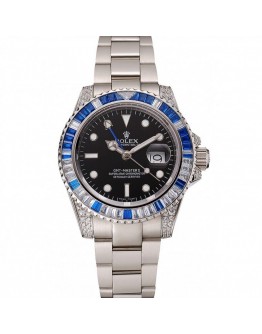 Rolex GMT Master II Black Dial Stone Set Bezel Stainless Steel Case And Bracelet 1453747