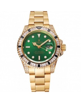 Rolex GMT Master II Green Dial Stone Set Bezel Gold Case And Bracelet 1453748
